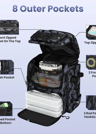 42L Fishing Tackle Backpack with Rod Holders | Water-Resistant Storage Bag