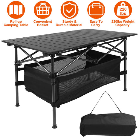Portable Folding Camping Table with Storage Mesh Basket