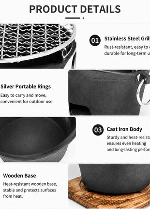 Portable Cast Iron Charcoal Grill for Camping & Outdoor BBQ