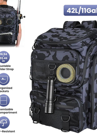 42L Fishing Tackle Backpack with Rod Holders | Water-Resistant Storage Bag