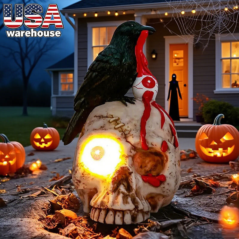 Glowing Raven Skull Halloween Figurine – Spooky Decor