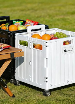 Folding Utility Cart, Portable Rolling Crate Handcart Collapsible Shopping Trolley with Lid, Foldable Tool Box Basket with 4 Ro