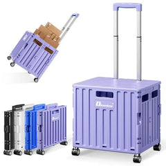 Folding Utility Cart, Portable Rolling Crate Handcart Collapsible Shopping Trolley with Lid, Foldable Tool Box Basket with 4 Ro