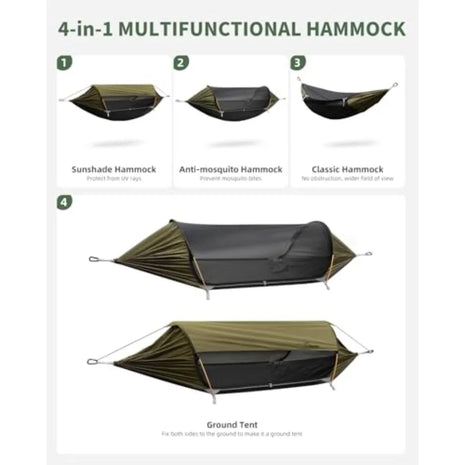 Premium 4-in-1 Camping Hammock with Mosquito Net, Rain Fly & Tree Straps
