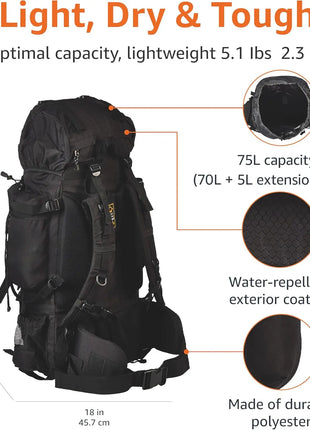 75L Internal Frame Hiking Backpack with Rain Cover for Camping & Trekking