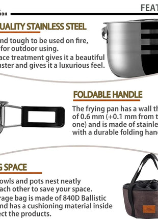 Stainless Steel Camping Cookware Set with Carry Bag