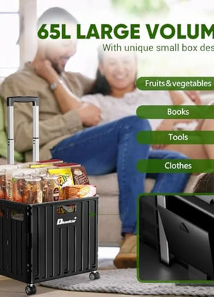Folding Utility Cart, Portable Rolling Crate Handcart Collapsible Shopping Trolley with Lid, Foldable Tool Box Basket with 4 Ro