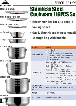 Stainless Steel Camping Cookware Set with Carry Bag