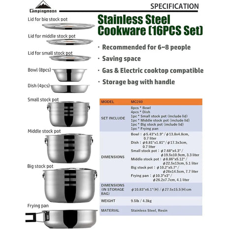 Stainless Steel Camping Cookware Set with Carry Bag
