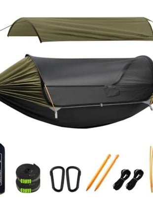 Premium 4-in-1 Camping Hammock with Mosquito Net, Rain Fly & Tree Straps