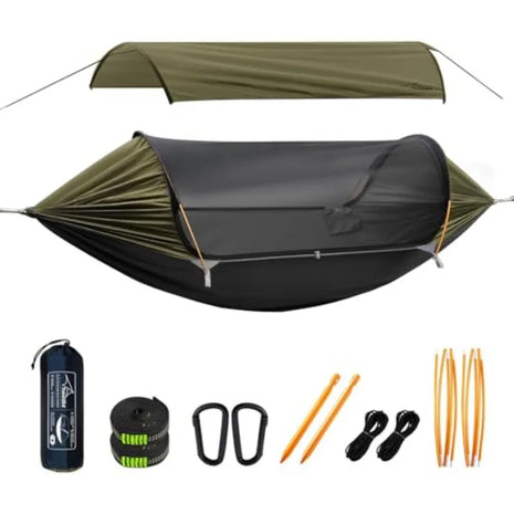 Premium 4-in-1 Camping Hammock with Mosquito Net, Rain Fly & Tree Straps