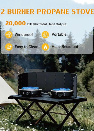 2 Burner Propane Camping Stove with Windscreen