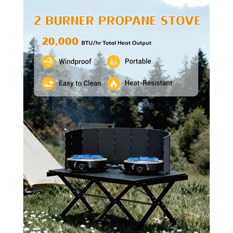 2 Burner Propane Camping Stove with Windscreen