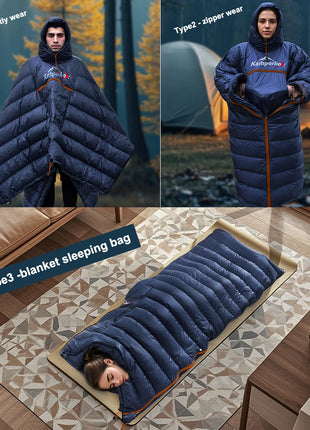 3-in-1 Down Sleeping Bag Poncho – Wearable, Warm & Ultralight Camping Blanket