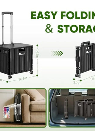 Folding Utility Cart, Portable Rolling Crate Handcart Collapsible Shopping Trolley with Lid, Foldable Tool Box Basket with 4 Ro