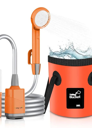 Portable Camping Shower with Collapsible Bucket & LED Light