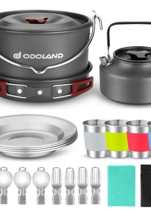 22PCS Camping Cookware Set for 4 with Pot & Kettle