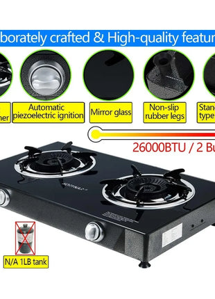 2 Burner Propane Stove with Auto Ignition, 26000 BTU