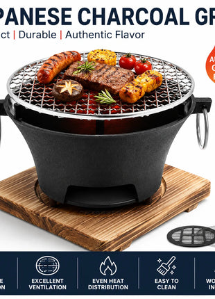Portable Cast Iron Charcoal Grill for Camping & Outdoor BBQ