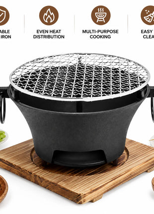 Portable Cast Iron Charcoal Grill for Camping & Outdoor BBQ
