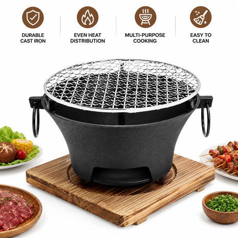 Portable Cast Iron Charcoal Grill for Camping & Outdoor BBQ