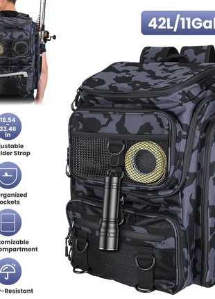 42L Fishing Tackle Backpack with Rod Holders | Water-Resistant Storage Bag