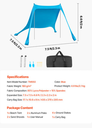 Portable Beach Sun Shelter Canopy with UPF 50+ UV Protection