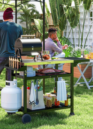 3-Tier Outdoor Grill Cart Table with Foldable Side Shelf & Storage Rack