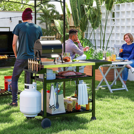 3-Tier Outdoor Grill Cart Table with Foldable Side Shelf & Storage Rack