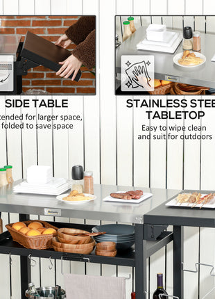 3-Tier Outdoor Grill Cart Table with Foldable Side Shelf & Storage Rack